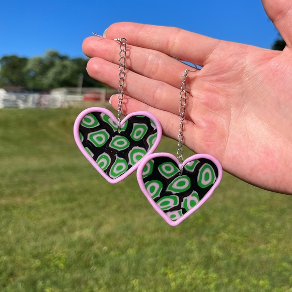 Handmade Psychedelic Polymer Clay Heart Statement Earrings - Picture 9 of 17